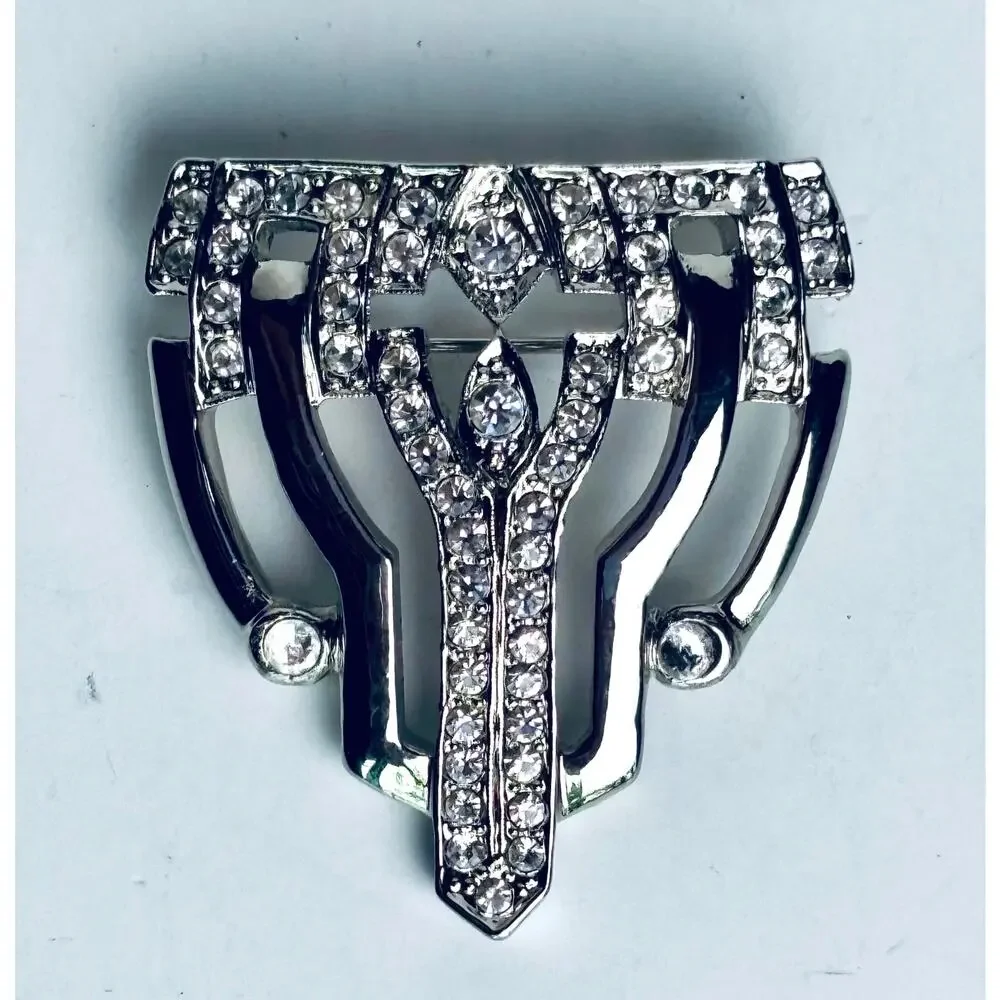 Vintage Silver Tone and Crystal Brooch Pin Art Deco Style 1950's 1.5 in x 2 in